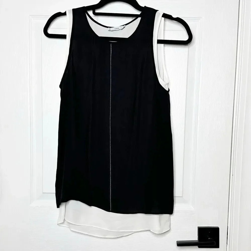 VINCE Round-Neck Double-Layer Tank‎ Top White Black 100% Silk Size XS Minimalist